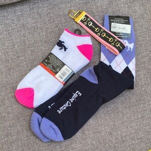 Set 3 Equine Couture Tall Riding, Jumping Horse Low Socks, Snaffle Bit Keychain